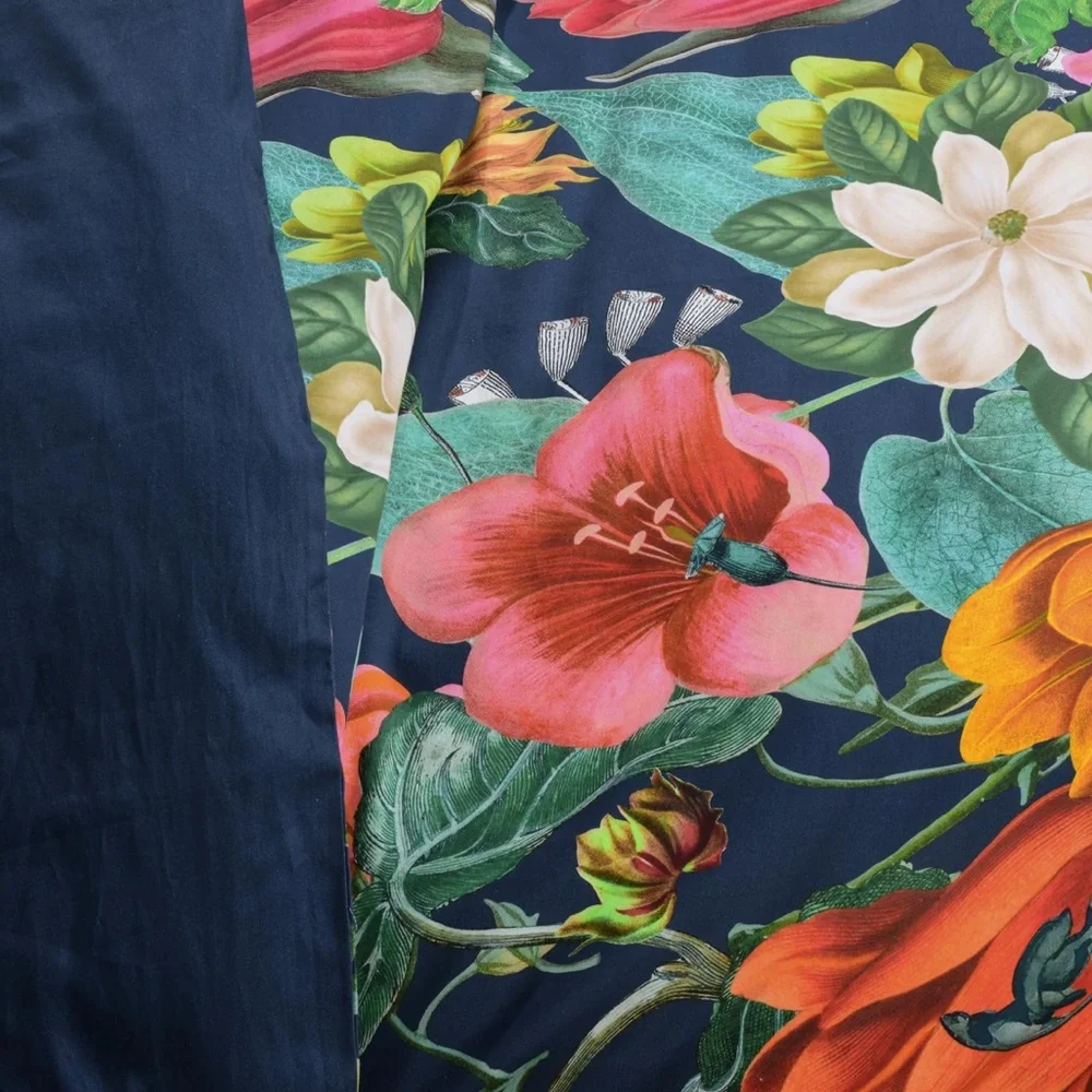 🆕 PB Style Floral Print King Duvet Sateen Cotton 3 Piece Set Navy Blue Pink NWT